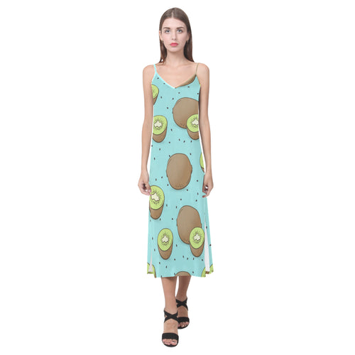 Kiwi blue background V-Neck Open Fork Long Dress