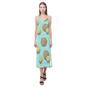 Kiwi blue background V-Neck Open Fork Long Dress