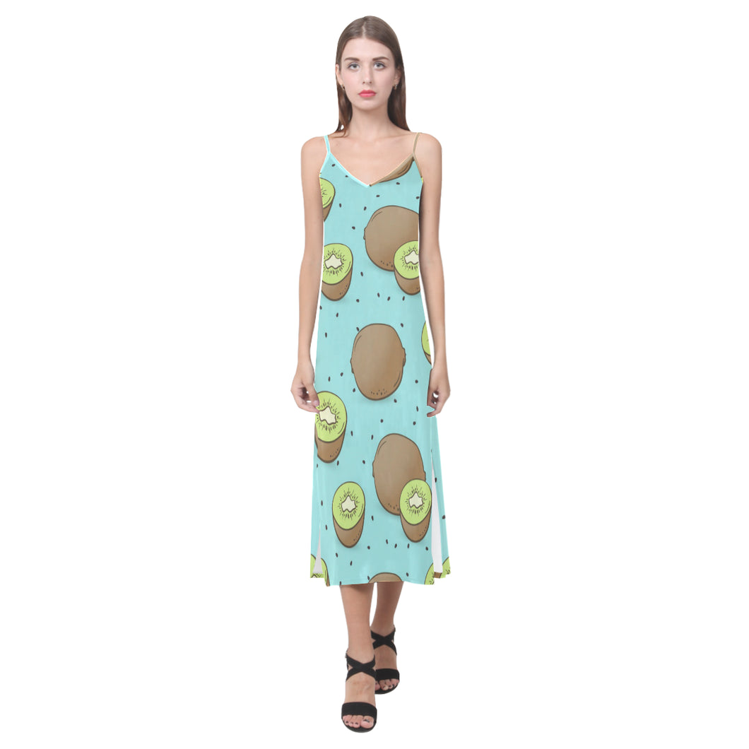 Kiwi blue background V-Neck Open Fork Long Dress