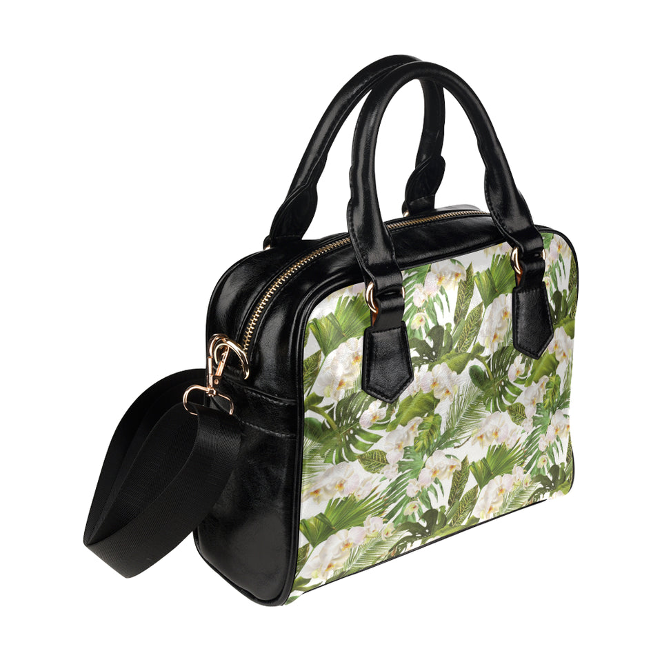 White orchid flower tropical leaves pattern Shoulder Handbag