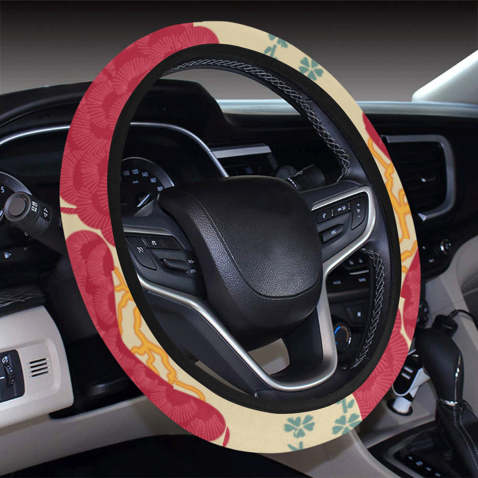 Red Bonsai gray sun japanese pattern Car Steering Wheel Cover