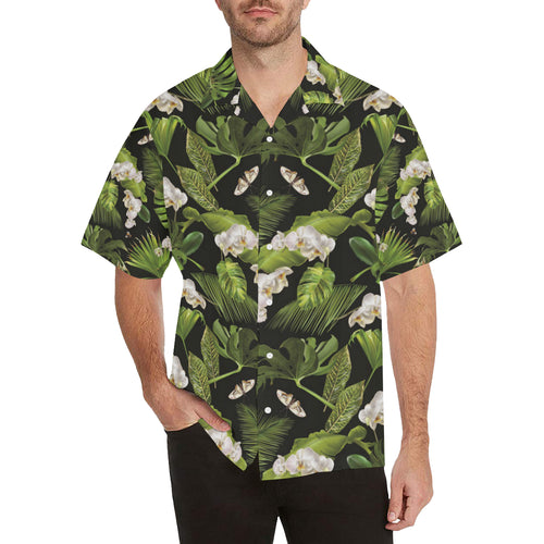 White orchid flower tropical leaves pattern blackg Men's All Over Print Hawaiian Shirt