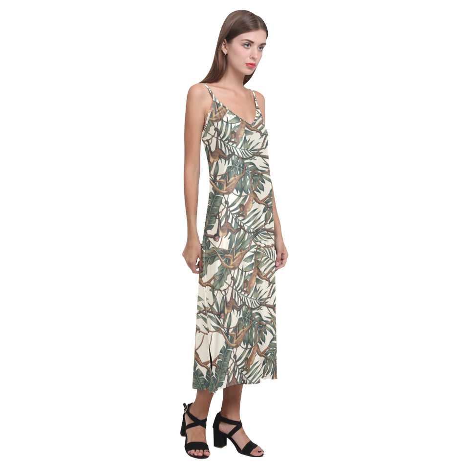 Monkey tropical leaves background V-Neck Open Fork Long Dress