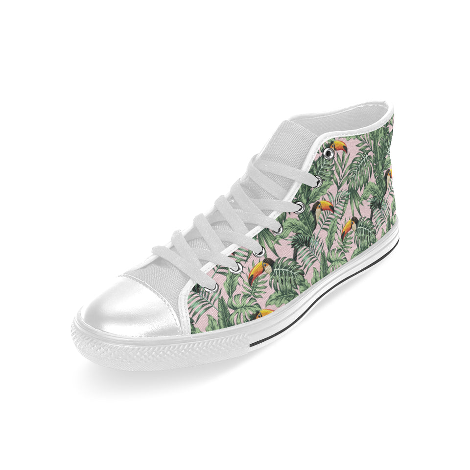 Toucan tropical green jungle palm pattern Men's High Top Canvas Shoes White