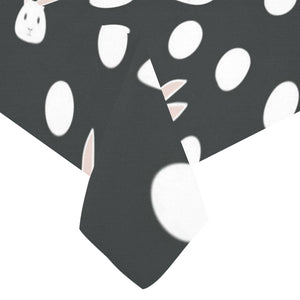 Cute white rabbit polka dots black background Tablecloth