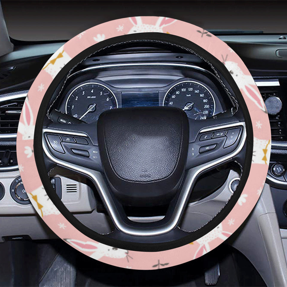 Cute white rabbit flower pink background Car Steering Wheel Cover