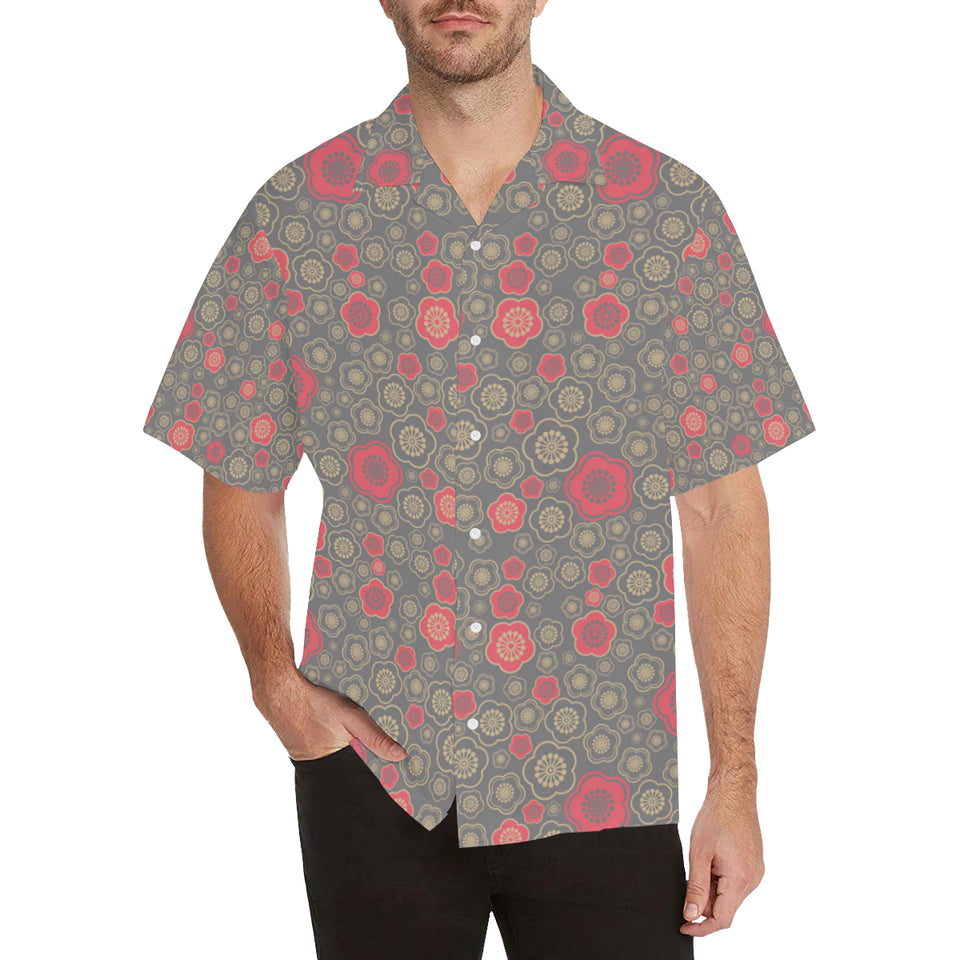 Red gold Sakura cherry blossom gray background Men's All Over Print Hawaiian Shirt