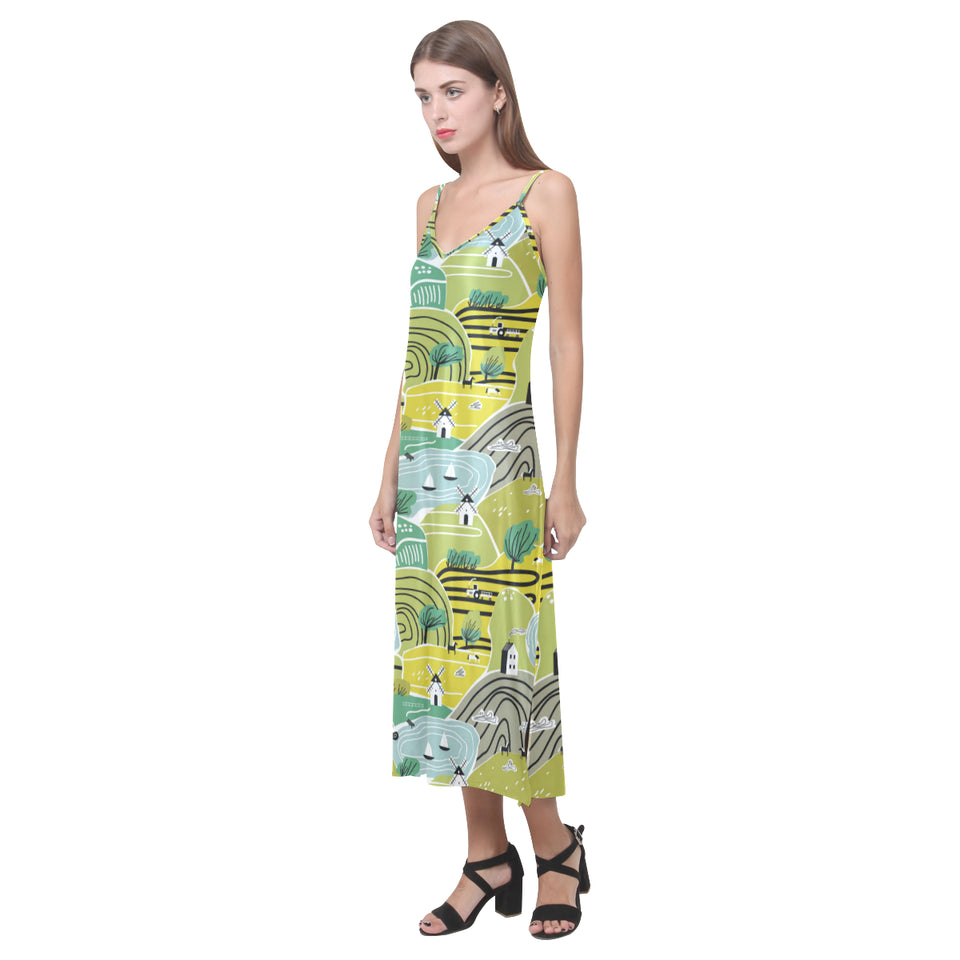 Hand drawn windmill pattern V-Neck Open Fork Long Dress