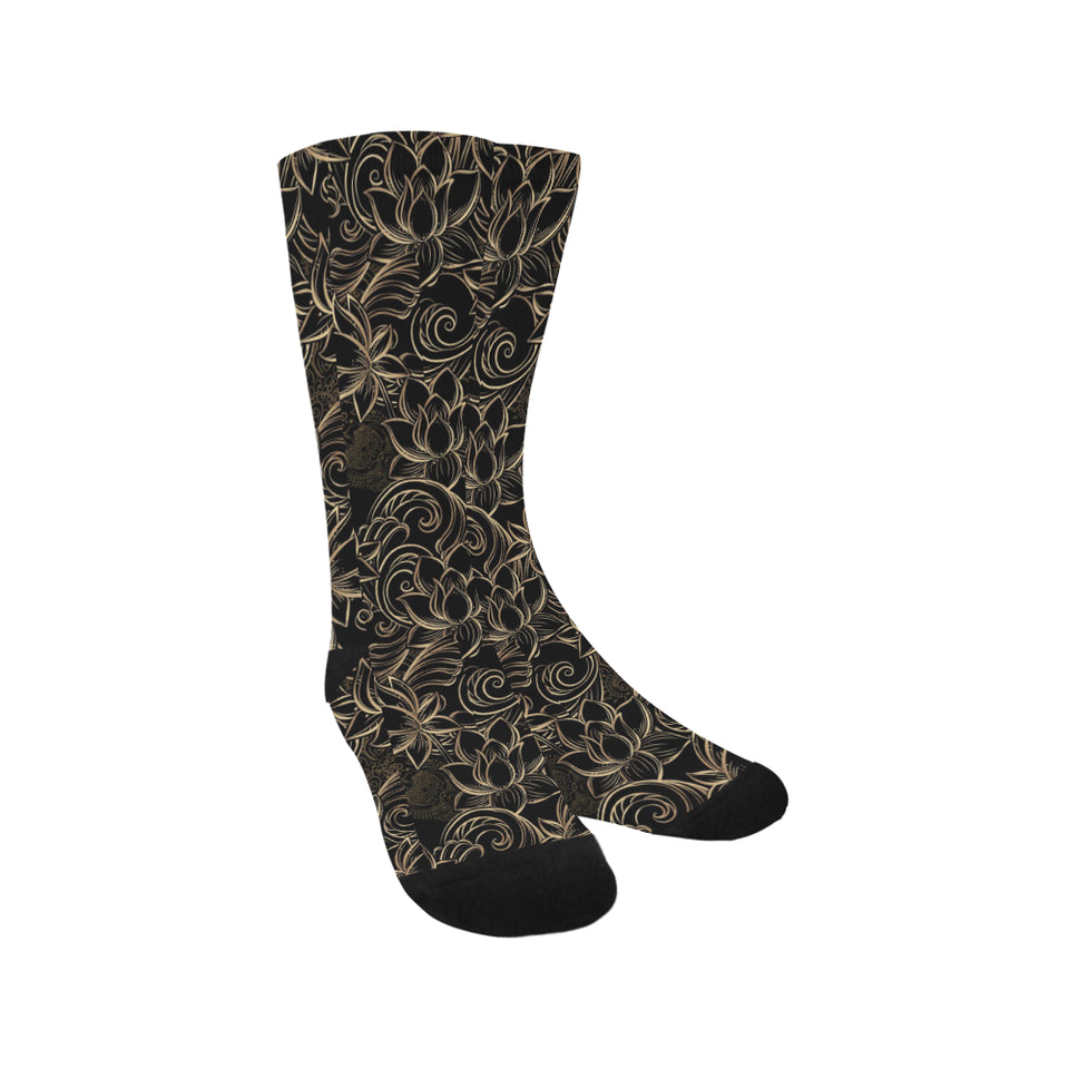 luxurious gold lotus waterlily black background Crew Socks