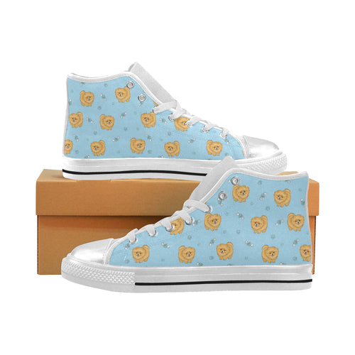 Brown cute pomeranian blue blackground Women's High Top Canvas Shoes White