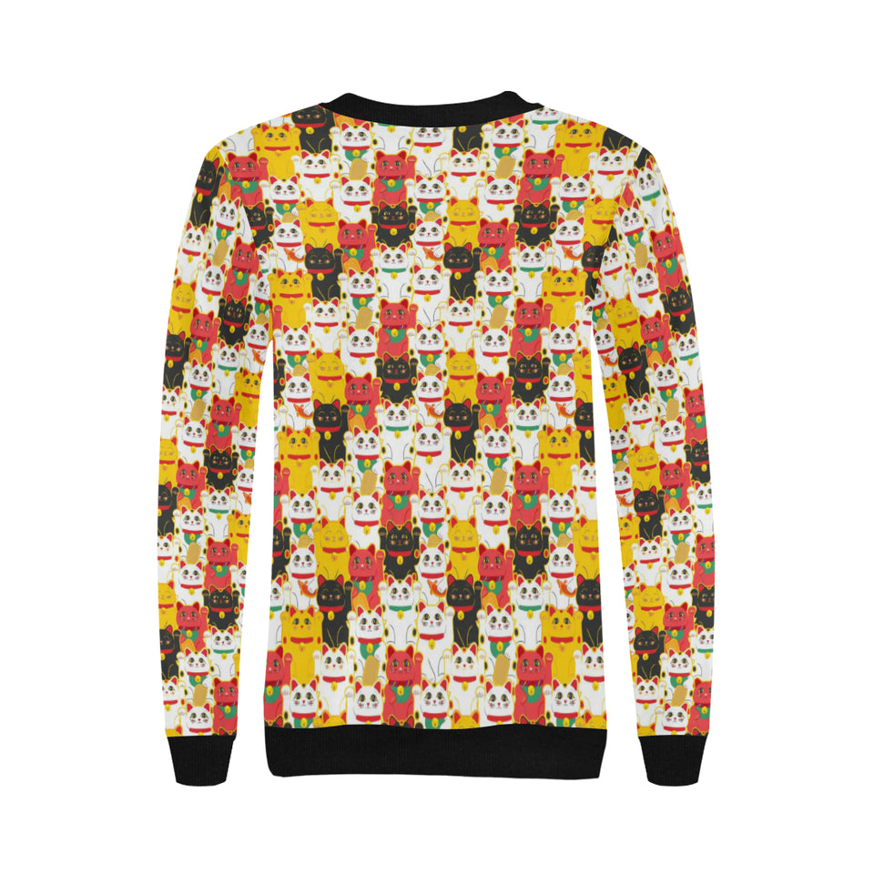 Colorful Maneki neko cat pattern Women's Crew Neck Sweatshirt