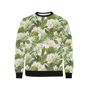 White orchid flower tropical leaves pattern Men's Crew Neck Sweatshirt