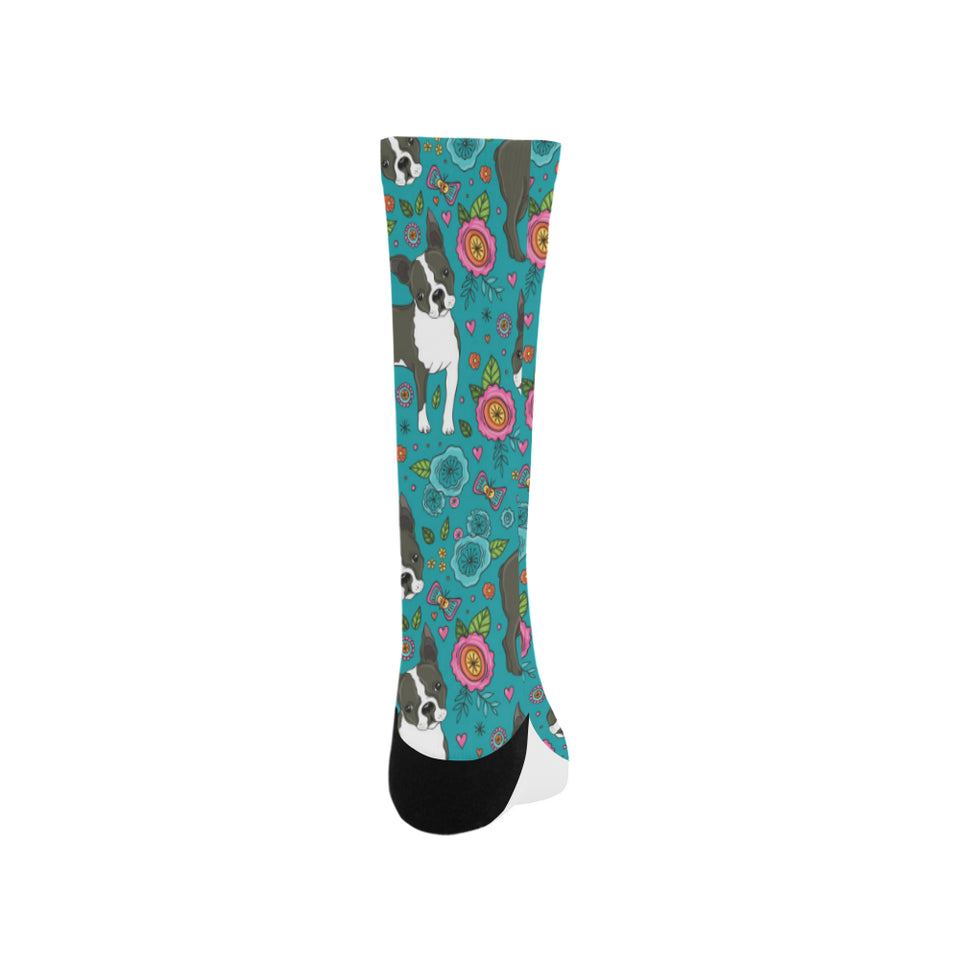 Boston terrier beautiful flower pattern Crew Socks