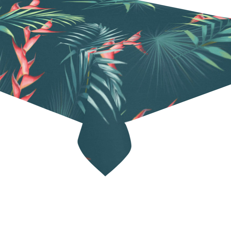 heliconia flowers, palm and monstera leaves on bla Tablecloth