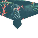 heliconia flowers, palm and monstera leaves on bla Tablecloth
