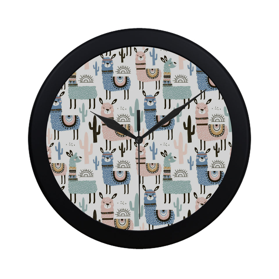 lama Alpaca cactus hand drawn pattern Elegant Black Wall Clock