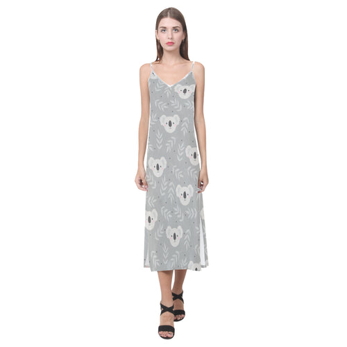 Cute koala leaves pattern V-Neck Open Fork Long Dress