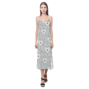 Cute koala leaves pattern V-Neck Open Fork Long Dress