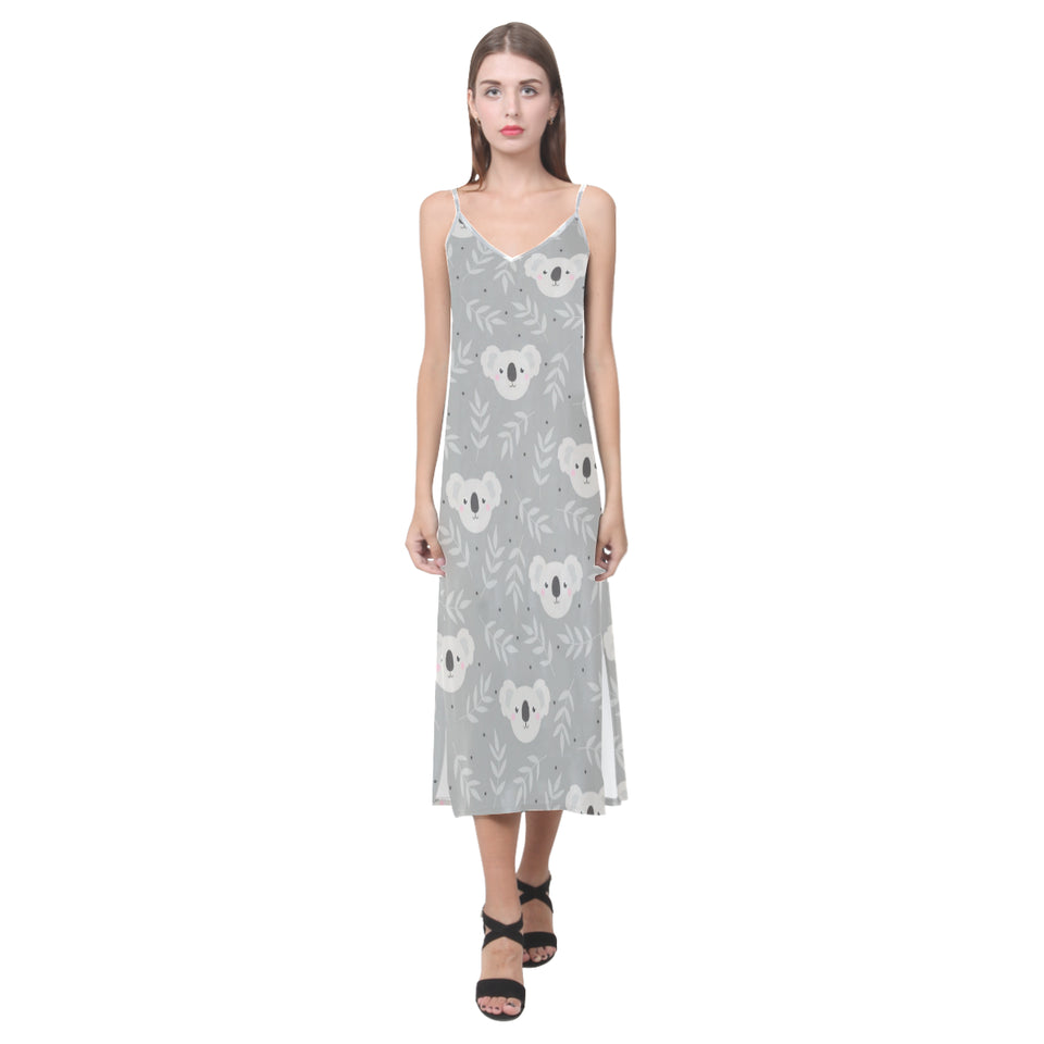 Cute koala leaves pattern V-Neck Open Fork Long Dress