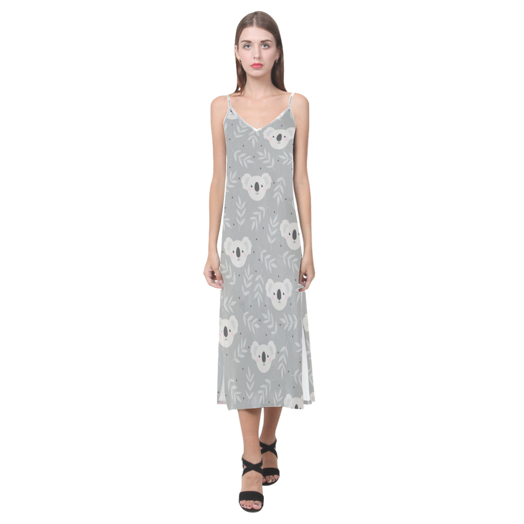 Cute koala leaves pattern V-Neck Open Fork Long Dress