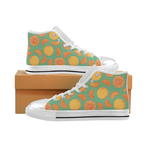 orange fruit pattern green background Women's High Top Canvas Shoes White