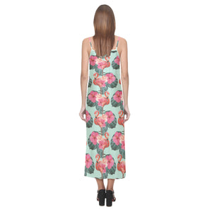 Beautiful flamingo tropical palm leaves hibiscus p V-Neck Open Fork Long Dress