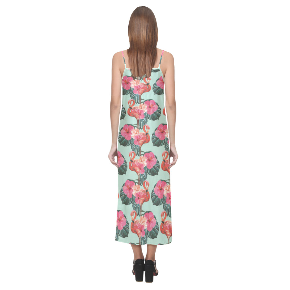 Beautiful flamingo tropical palm leaves hibiscus p V-Neck Open Fork Long Dress