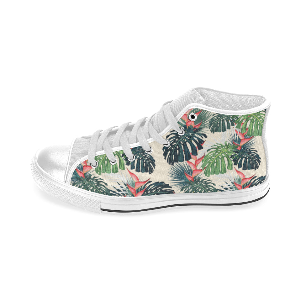 heliconia flowers, palm and monstera leaves Men's High Top Canvas Shoes White