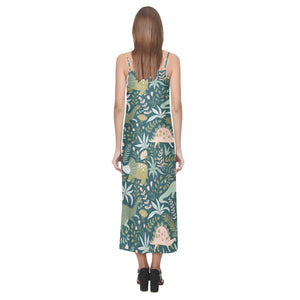 dinosaurs tropical leaves flower pattern V-Neck Open Fork Long Dress