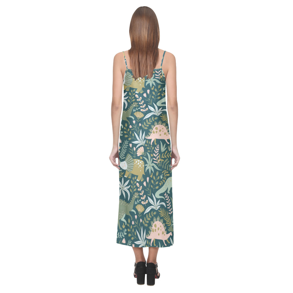 dinosaurs tropical leaves flower pattern V-Neck Open Fork Long Dress