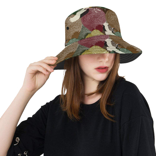 Japanese cranes flying forest dot pattern Unisex Bucket Hat