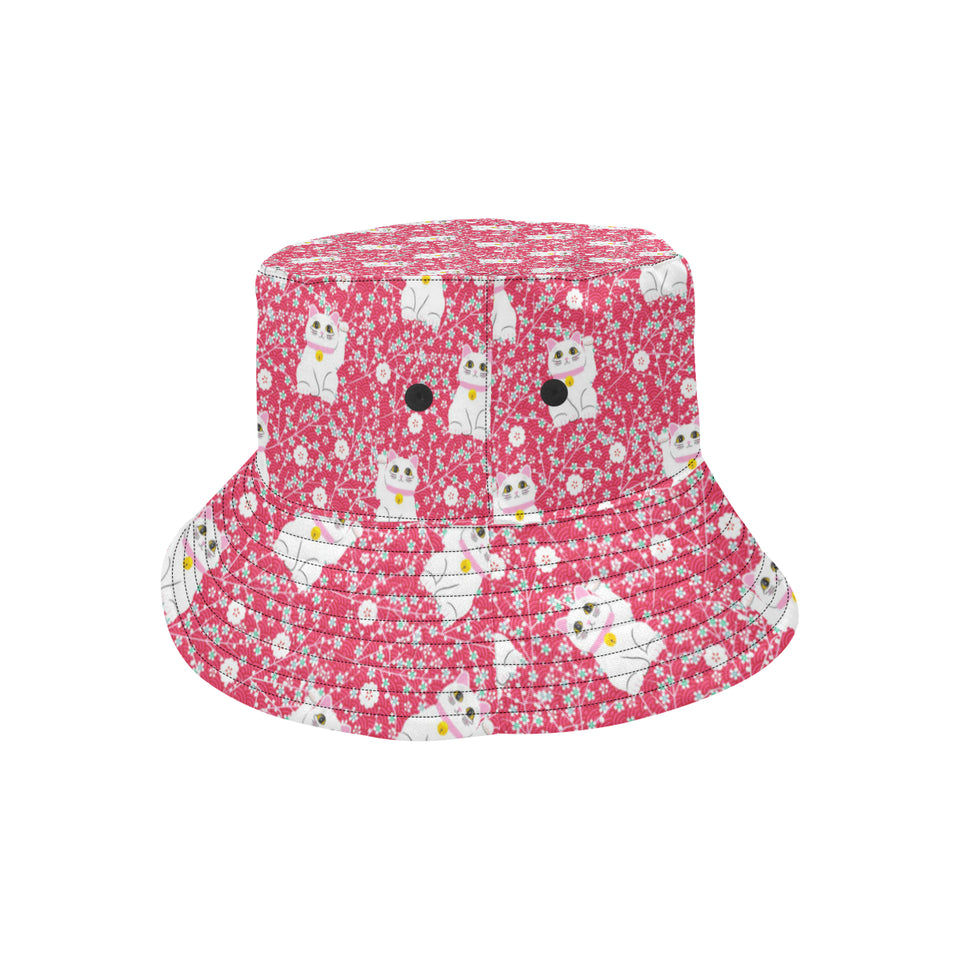 Maneki neko cat sakura pink background Unisex Bucket Hat