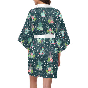 Cactus glass terrarium pattern Women's Short Kimono Robe