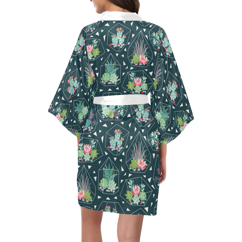 Cactus glass terrarium pattern Women's Short Kimono Robe