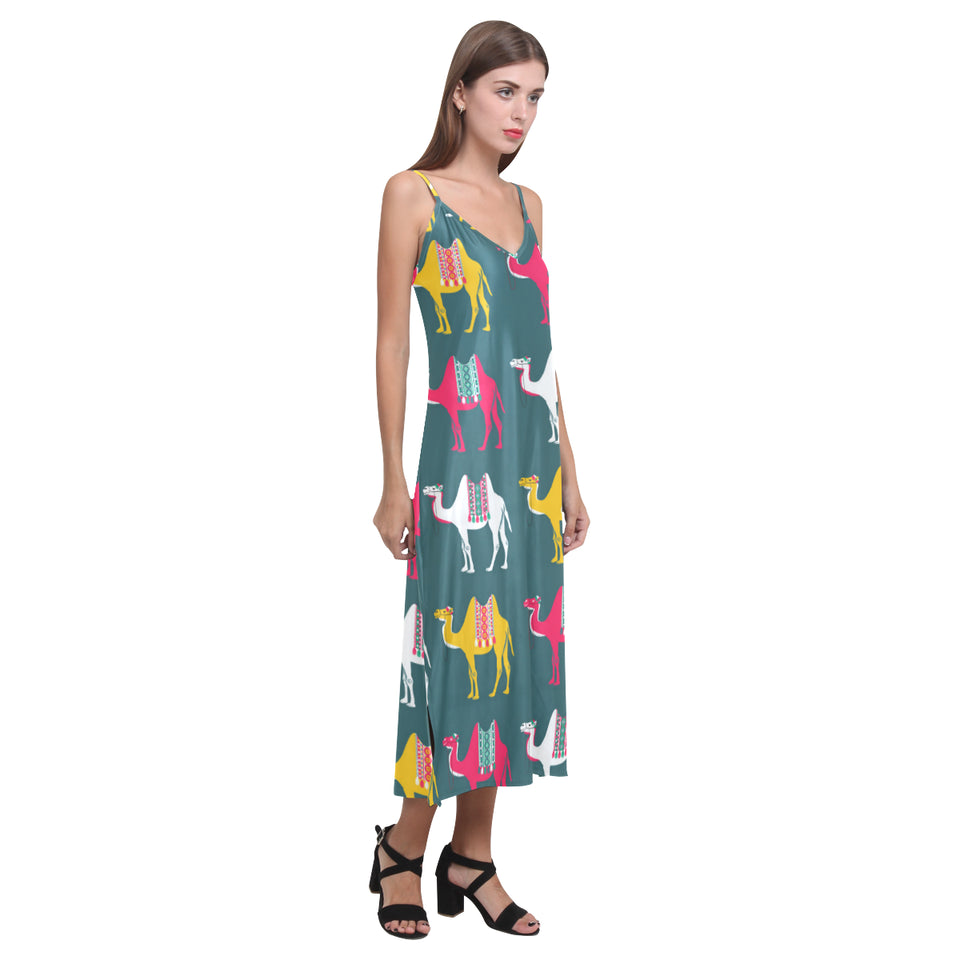 Camel pattern V-Neck Open Fork Long Dress