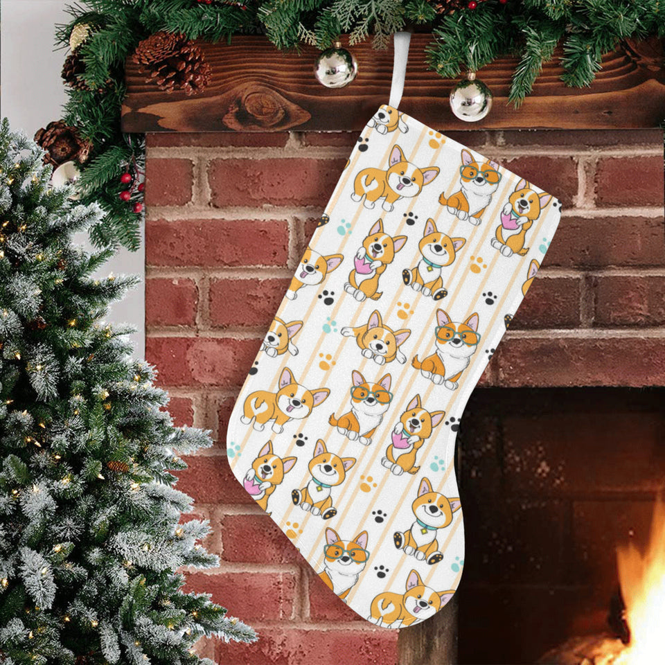 Cute dog corgi striped background pattern Christmas Stocking