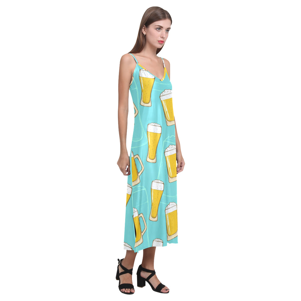 Beer pattern green background V-Neck Open Fork Long Dress