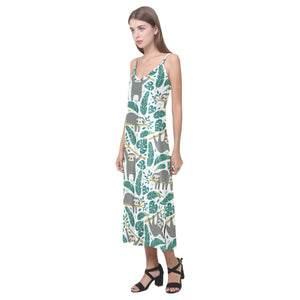 Cute sloths tropical palm leaves white background V-Neck Open Fork Long Dress