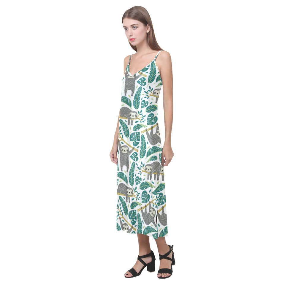 Cute sloths tropical palm leaves white background V-Neck Open Fork Long Dress