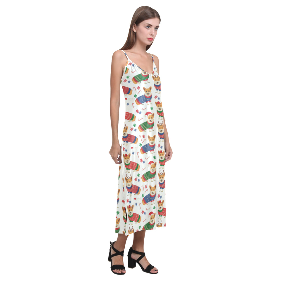 Corgi Christmas Pattern V-Neck Open Fork Long Dress