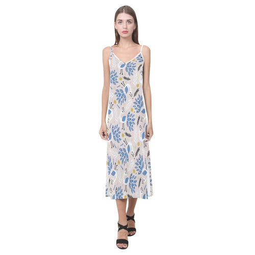 Cute peacock pattern V-Neck Open Fork Long Dress