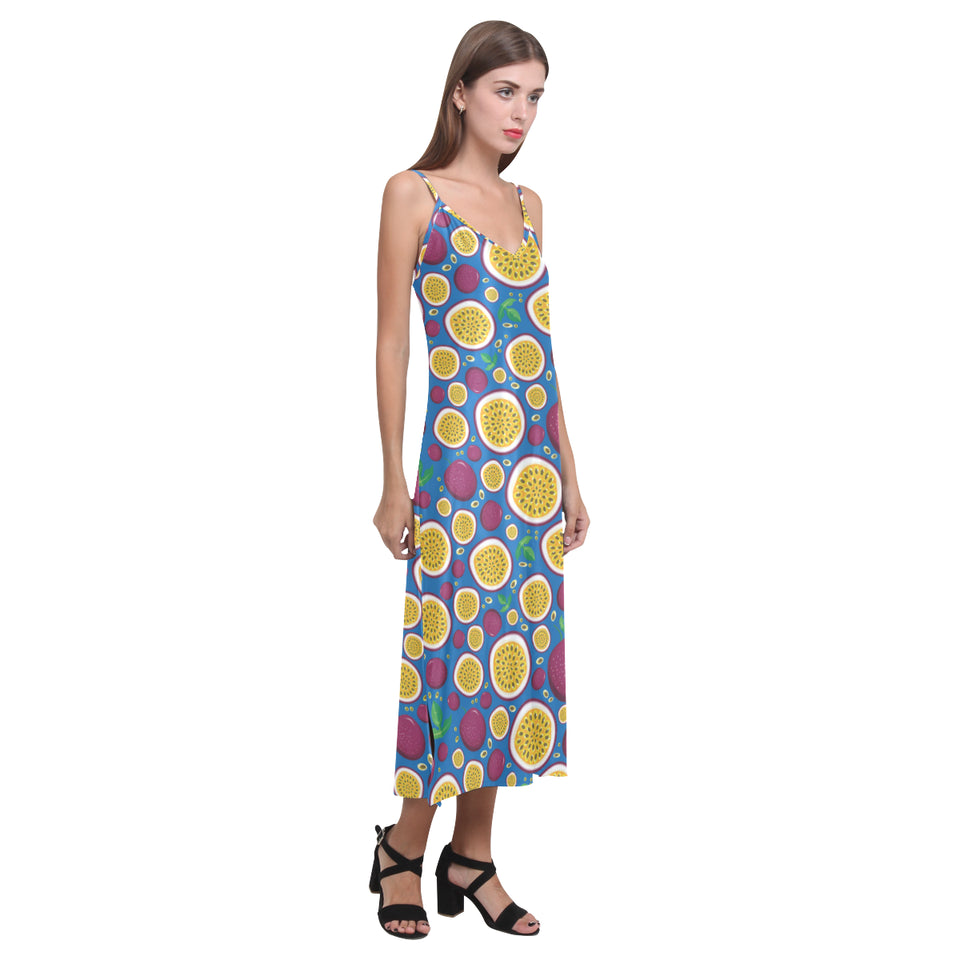 Passion fruit blue background V-Neck Open Fork Long Dress