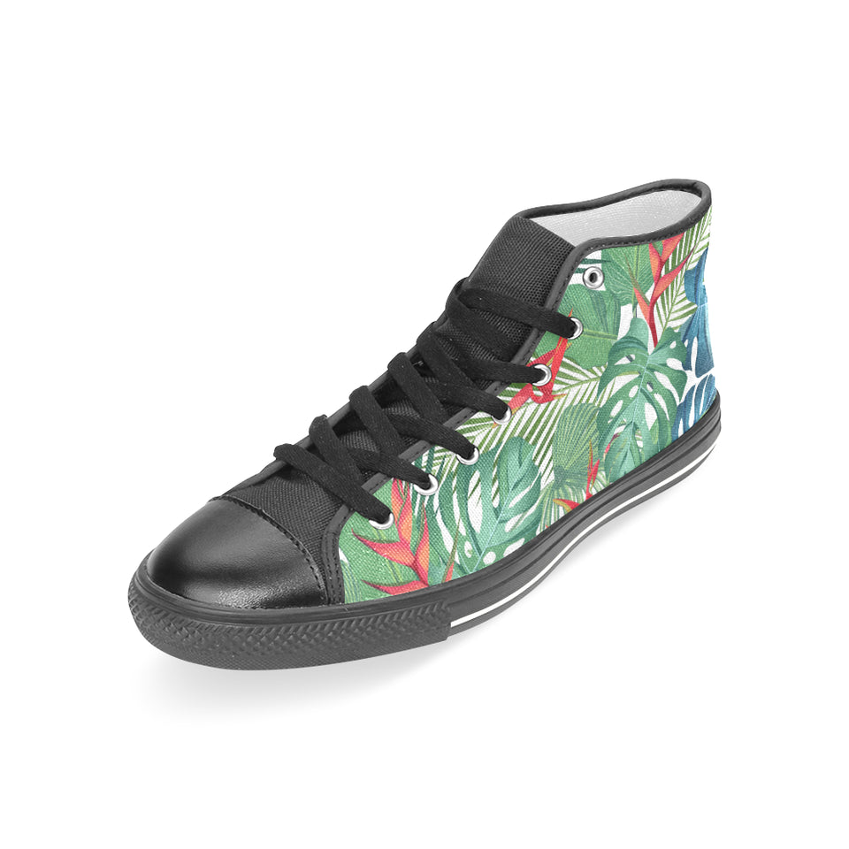 heliconia palm and monstera  leaves pattern Women's High Top Canvas Shoes Black