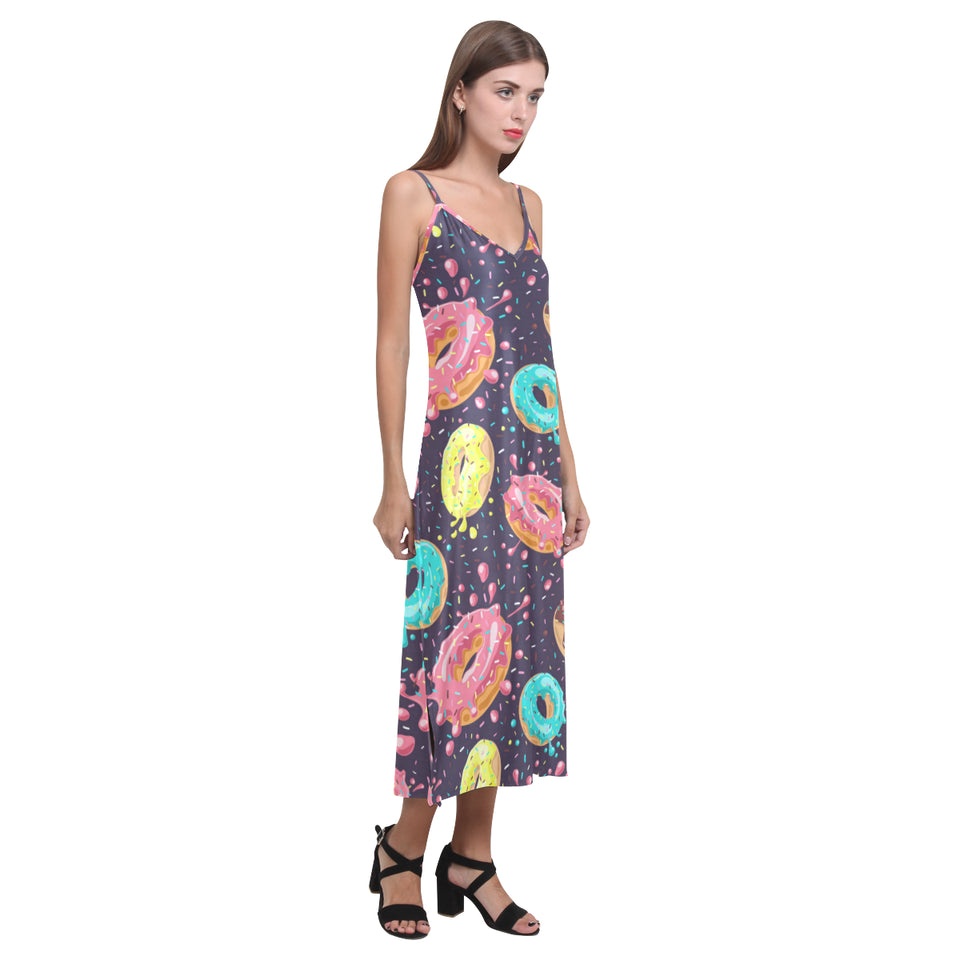 Colorful donut glaze pattern V-Neck Open Fork Long Dress