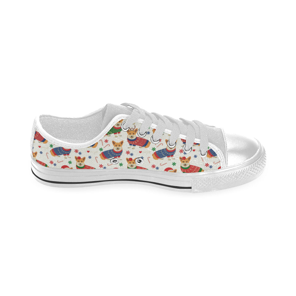 Corgi Christmas Pattern Men's Low Top Canvas Shoes White