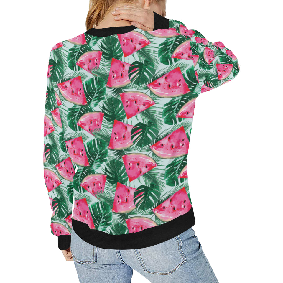 Watermelons tropical palm leaves pattern Women's Crew Neck Sweatshirt