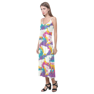 Colorful crow illustration pattern V-Neck Open Fork Long Dress