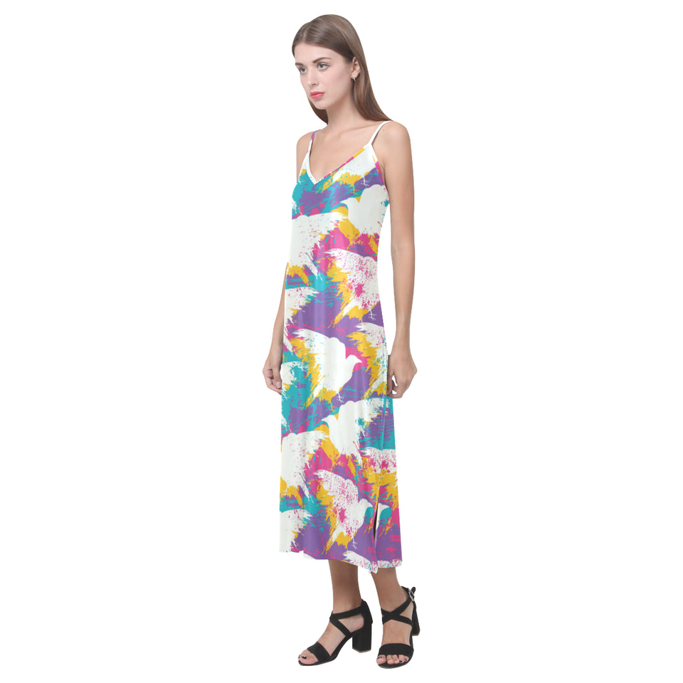 Colorful crow illustration pattern V-Neck Open Fork Long Dress