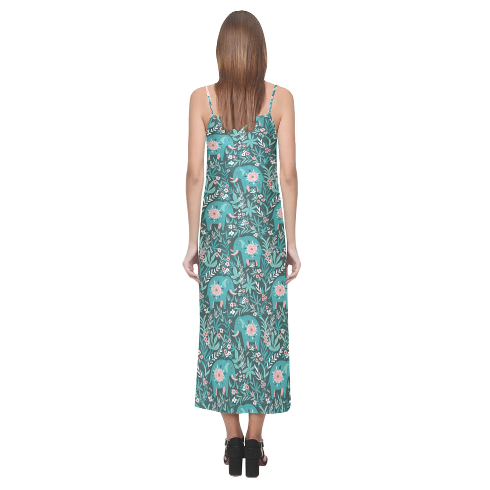 Elephants jungle pattern V-Neck Open Fork Long Dress