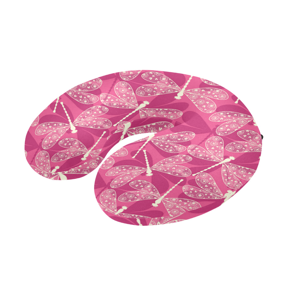 Beautiful dragonfly pink background U-Shaped Travel Neck Pillow